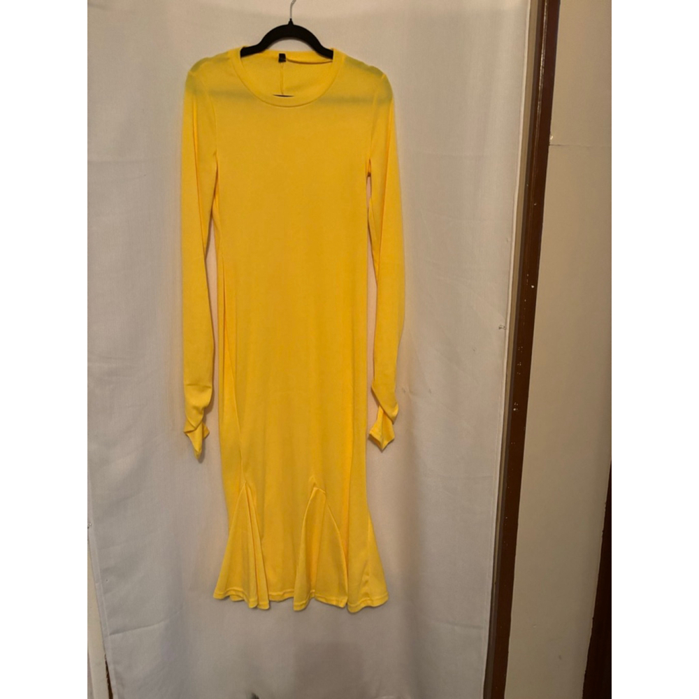 Women's Unbranded Yellow Ribbed Long Sleeve Midi Dress S